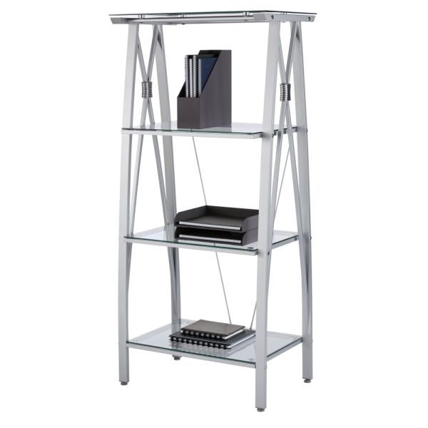 Modern 4-Tier Glass & Metal Display Bookcase, 59"H, Clear/Silver (FUR-BC4T-59-CS)