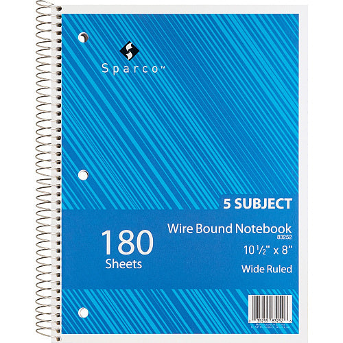 5-Subject Wirebound Notebook, Wide Ruled, 8" x 10.5", 176 Sheets, Assorted Colors (OFF-NB5-WR176-AS)