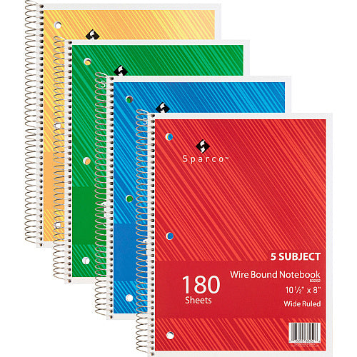 5-Subject Wirebound Notebook, Wide Ruled, 8" x 10.5", 176 Sheets, Assorted Colors (OFF-NB5-WR176-AS)