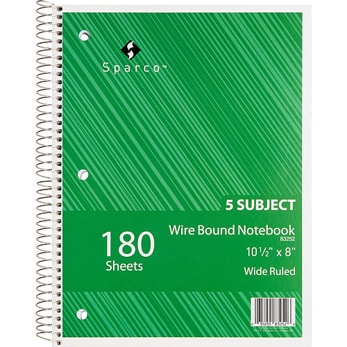 5-Subject Wirebound Notebook, Wide Ruled, 8" x 10.5", 176 Sheets, Assorted Colors (OFF-NB5-WR176-AS)