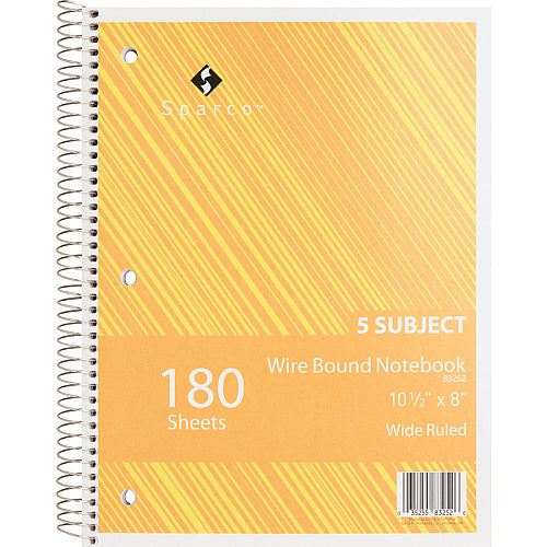 5-Subject Wirebound Notebook, Wide Ruled, 8" x 10.5", 176 Sheets, Assorted Colors (OFF-NB5-WR176-AS)