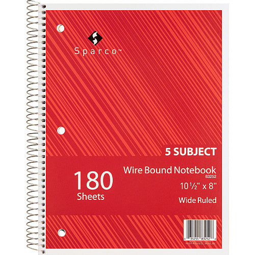 5-Subject Wirebound Notebook, Wide Ruled, 8" x 10.5", 176 Sheets, Assorted Colors (OFF-NB5-WR176-AS)