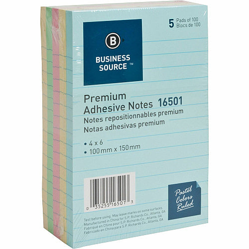 Ruled Self-Adhesive Notes, 4" x 6", Pastel Assorted, 5 Pads/Pack (OFF-SAN46-RL-PST5)