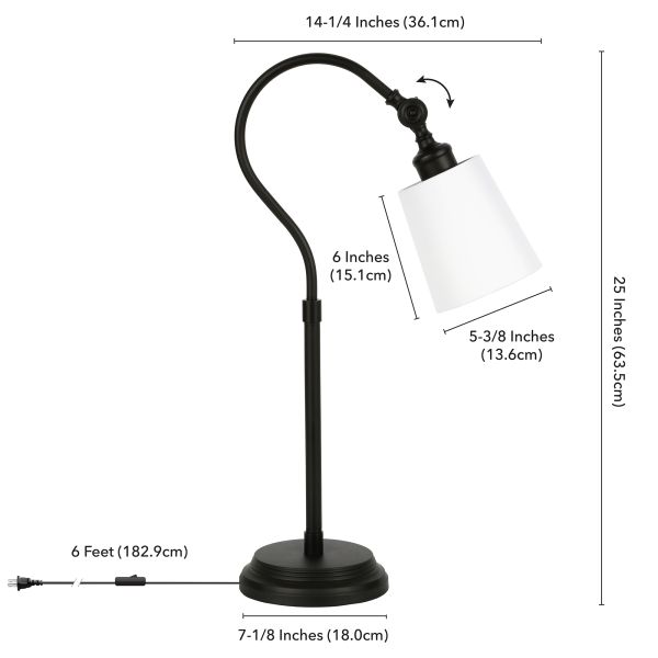 Modern 25" Arc Table Lamp with Fabric Shade – Blackened Bronze & White (LMP-25ARC-BB-WH)