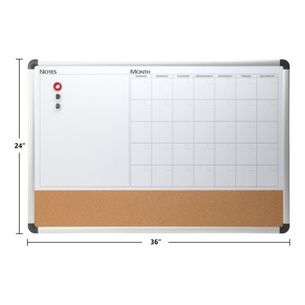 3-in-1 Magnetic Dry-Erase Calendar & Cork Bulletin Board, 24" x 35.5", Silver Frame (OFF-WB2436-MCC-SV)