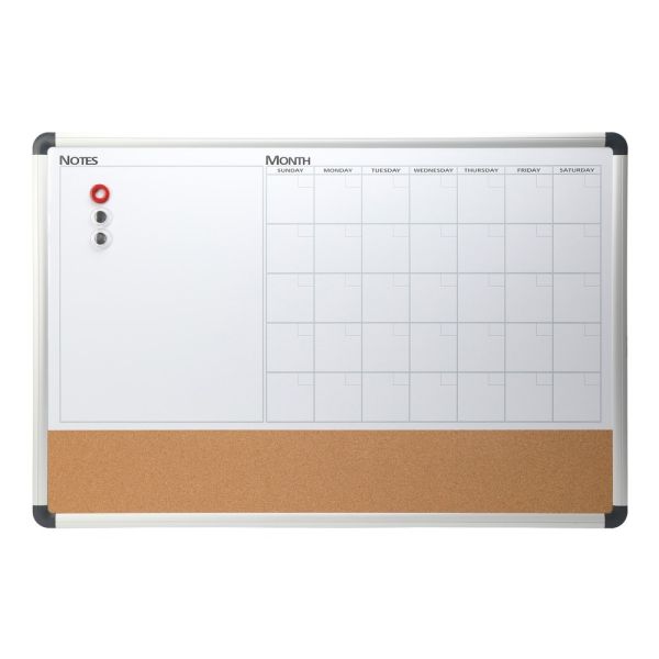 3-in-1 Magnetic Dry-Erase Calendar & Cork Bulletin Board, 24" x 35.5", Silver Frame (OFF-WB2436-MCC-SV)