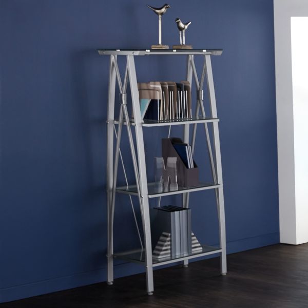 Modern 4-Tier Glass & Metal Display Bookcase, 59"H, Clear/Silver (FUR-BC4T-59-CS)
