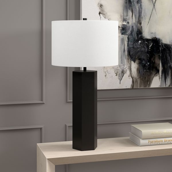 Modern 27.25" Table Lamp with Fabric Shade – Blackened Bronze & White (LMP-2725-BB-WH)