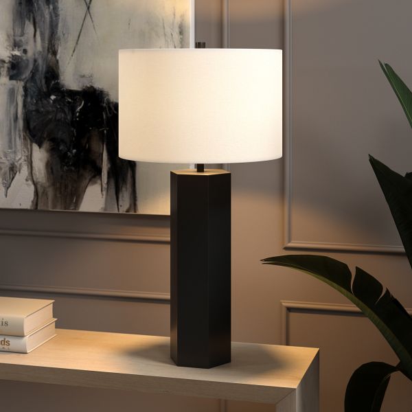 Modern 27.25" Table Lamp with Fabric Shade – Blackened Bronze & White (LMP-2725-BB-WH)