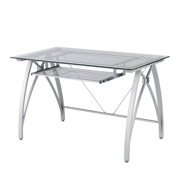 Contemporary 47" Glass-Top Computer Desk with Metal Frame, Silver (FUR-DSK47-GLS-SV)