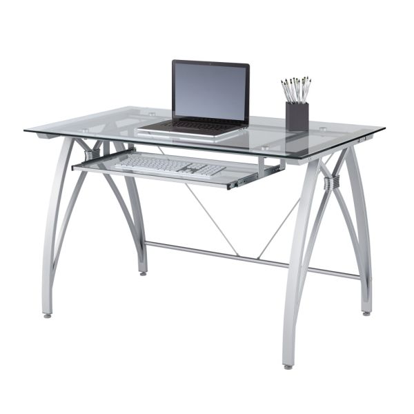 Contemporary 47" Glass-Top Computer Desk with Metal Frame, Silver (FUR-DSK47-GLS-SV)