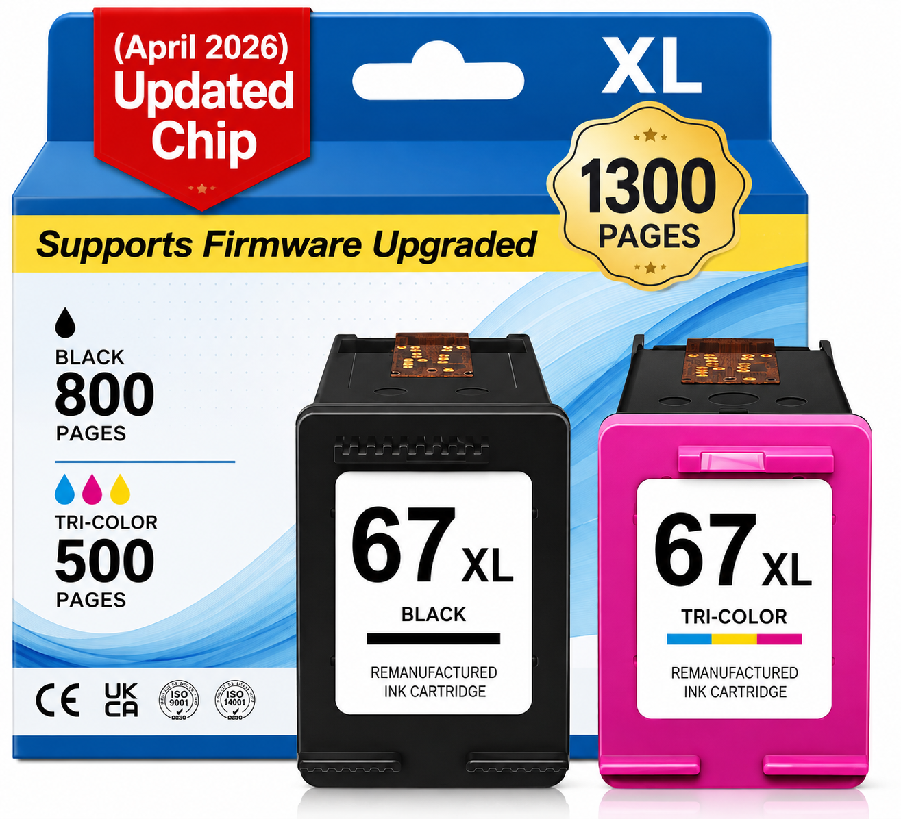 67XL Compatible High-Yield Ink Cartridge Combo Pack, Black & Tri-Color, 2-Pack (INK-67XL-BC2)