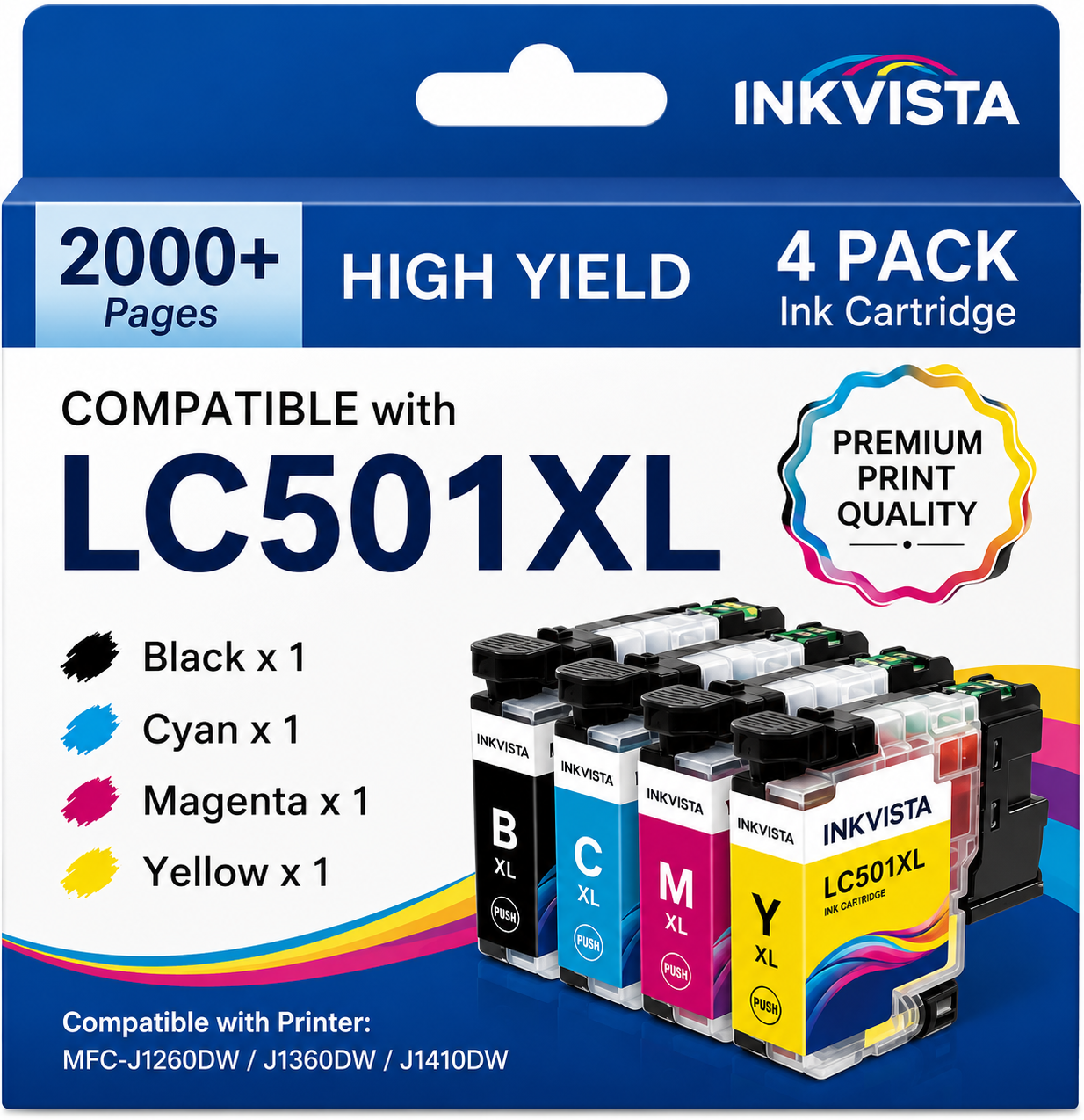 Compatible LC501XL High-Yield Ink Cartridge Set with Chip, CMYK, 4-Pack (SR3-LC501XL-4PK)