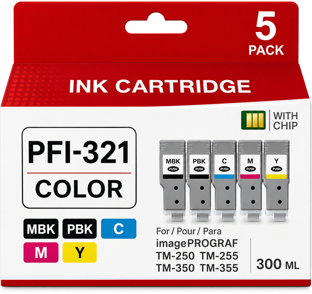 PFI-321 Compatible High-Capacity Pigment Ink Tank Set with Chip, 300 mL, 5-Pack (INK-PFI321-5PK)