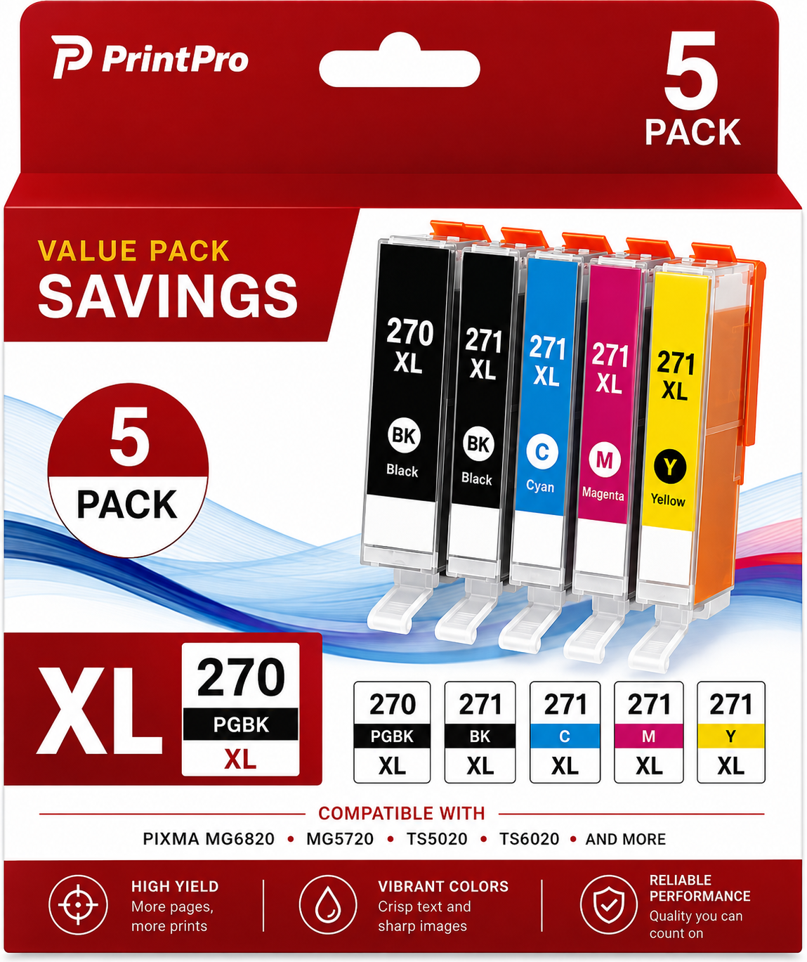 Compatible 270XL/271XL High-Yield Ink Cartridge Set, PGBK/BK/C/M/Y, 5-Pack (CX2-270271XL-5PK)