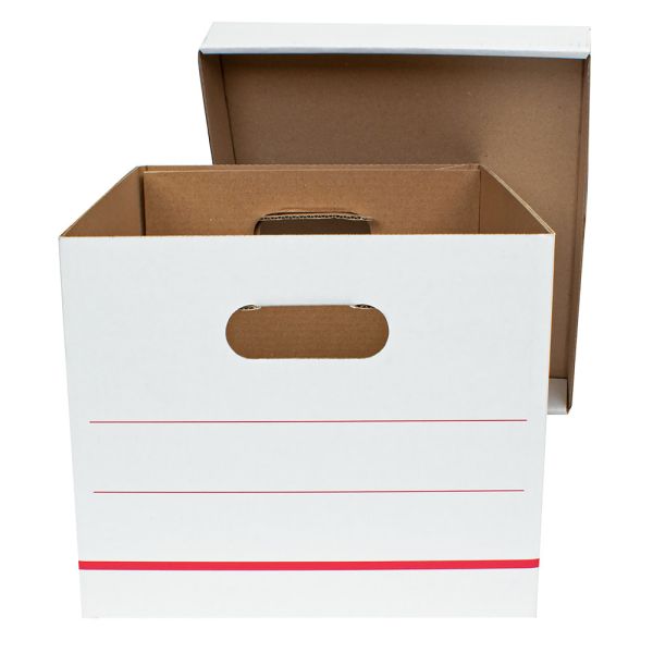 Standard-Duty Corrugated File Storage Boxes, Letter/Legal, 15" x 12.25" x 10", White/Red, 10/Pack (OFF-FSB1512-WR10)