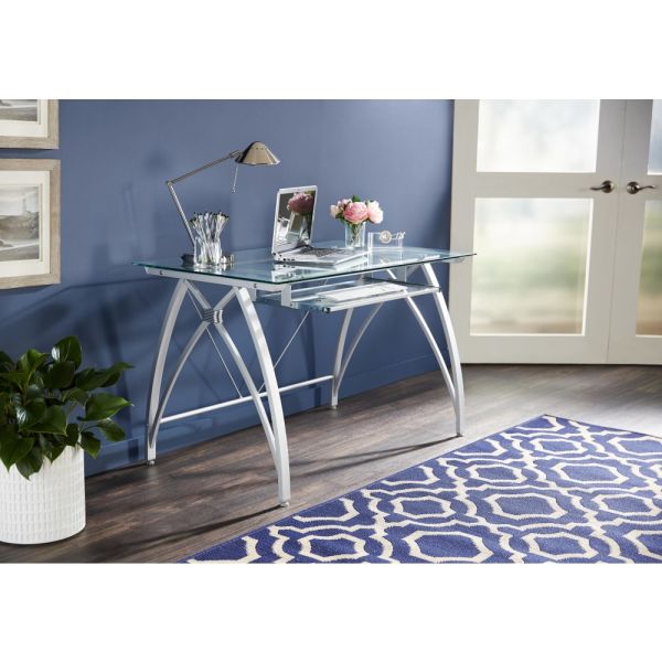 Contemporary 47" Glass-Top Computer Desk with Metal Frame, Silver (FUR-DSK47-GLS-SV)