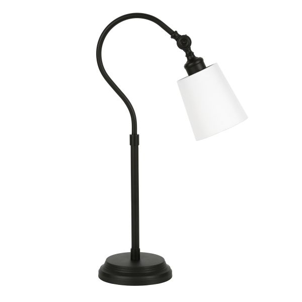 Modern 25" Arc Table Lamp with Fabric Shade – Blackened Bronze & White (LMP-25ARC-BB-WH)