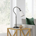 Modern 25" Arc Table Lamp with Fabric Shade – Blackened Bronze & White (LMP-25ARC-BB-WH)