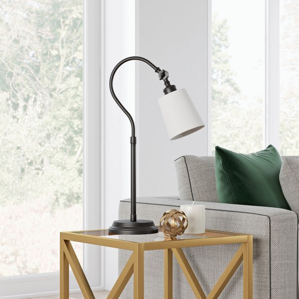 Modern 25" Arc Table Lamp with Fabric Shade – Blackened Bronze & White (LMP-25ARC-BB-WH)